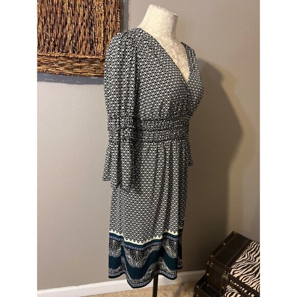 Max Edition Studio Dress Green Blue Ivory M Medium 3/4 Long Sleeve Washable - Picture 3 of 6